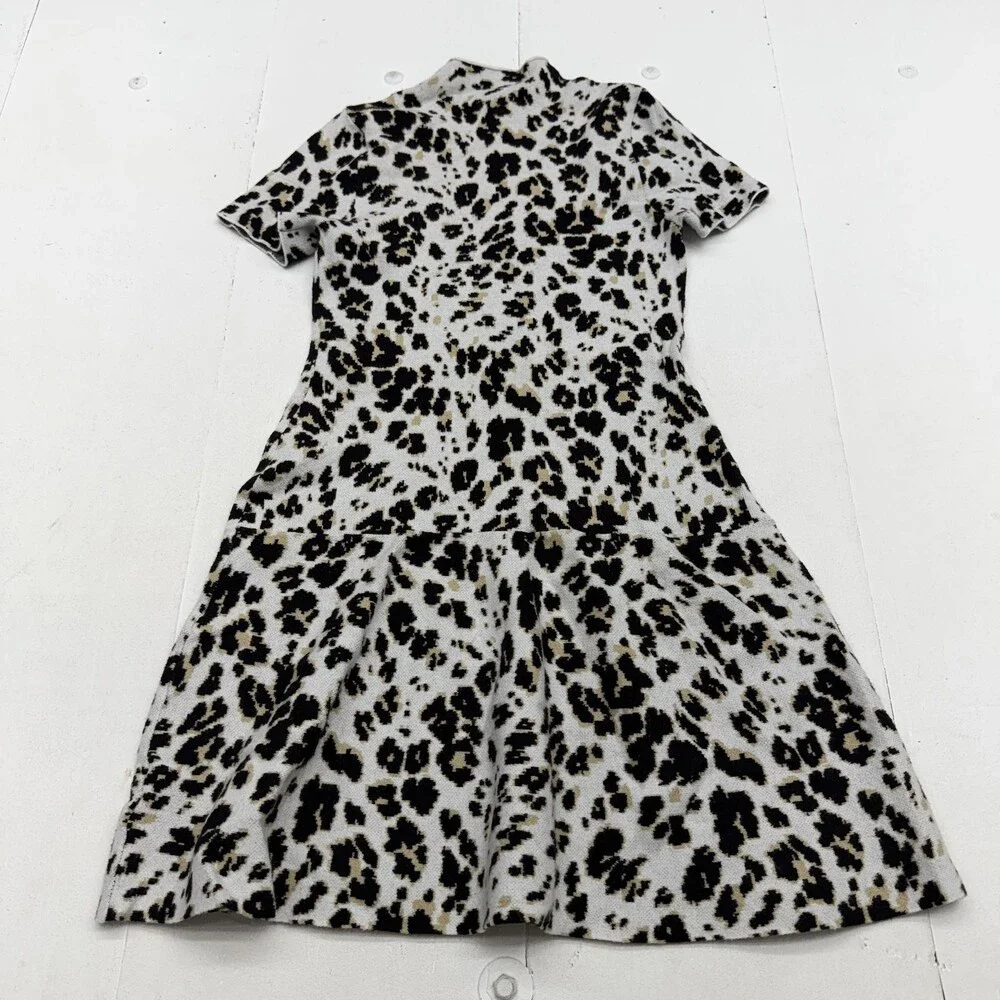 Scoop Sweater Dress Womens S White Leopard Print Mock Neck Short Sleeve Knit
